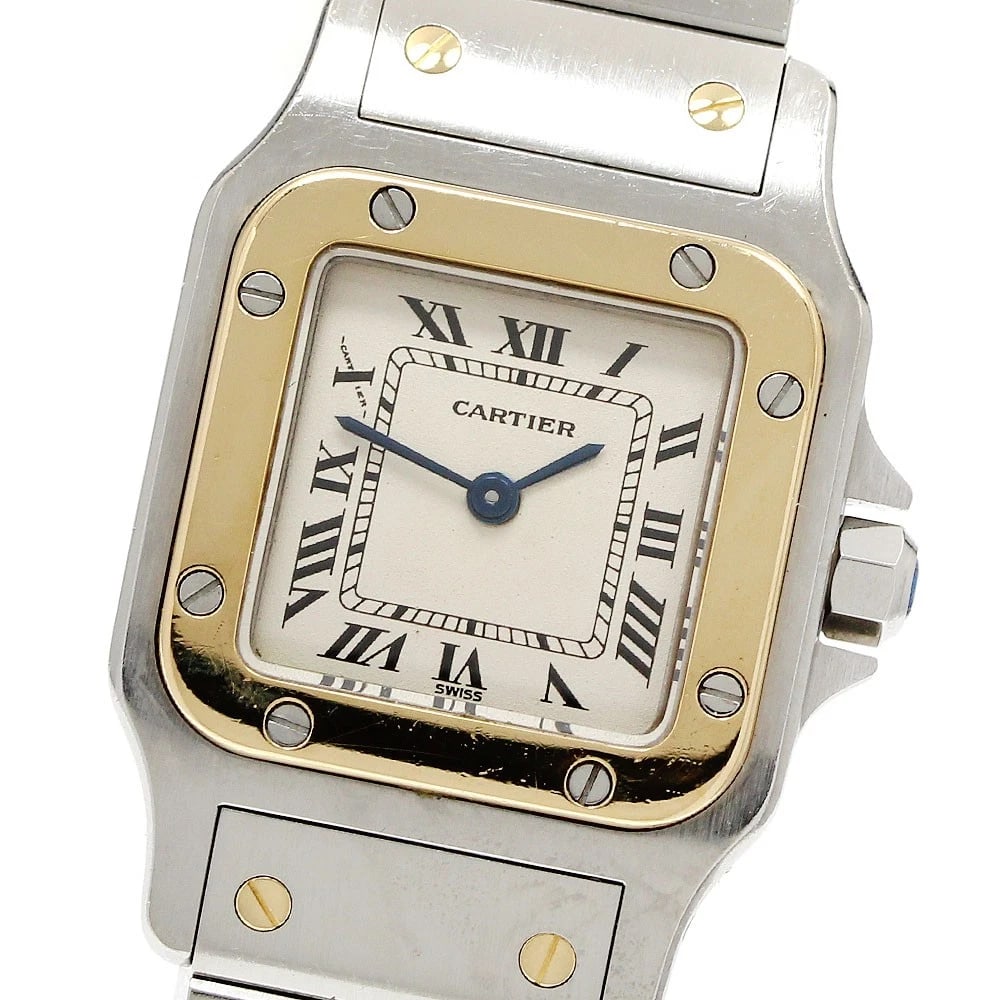CARTIER SANTOS GALBEE BEIGE QUARTZ WATCH: CARTIER Santos Galbee Beige Quartz Watch Brand: CARTIER Type: Wristwatch Material: Band Material Stainless Steel/YG, Case Material Stainless Steel/YG Color: Band Color Silver / Gold, Dial Colorbeige,