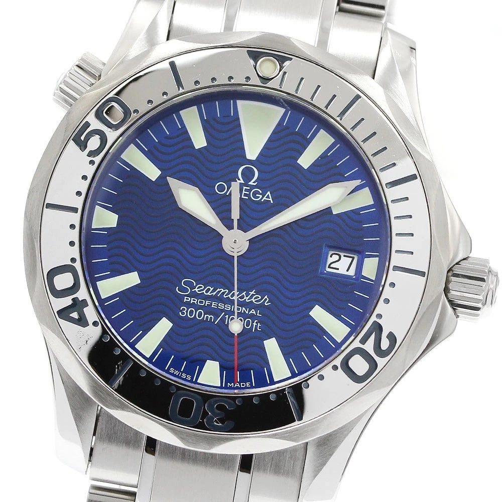 OMEGA SEAMASTER DATE BLUE QUARTZ WATCH: OMEGA Seamaster Date blue Quartz Watch Brand: OMEGA Type: Wristwatch Material: Band Material Stainless Steel, Case Material Stainless Steel Color: Band Color Silver, Dial Colorblue, Case ColorSilver
