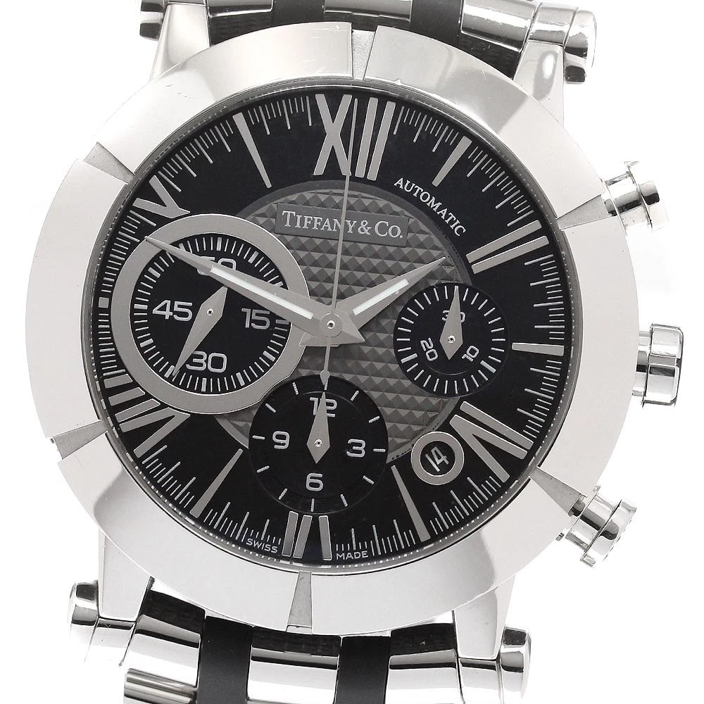 TIFFANY&CO. ATLAS CHRONOGRAPH AUTO WATCH: TIFFANY&Co. Atlas chronograph Auto Watch Brand: TIFFANY&Co. Type: Wristwatch Material: Band Material Stainless Steel / Rubber, Case Material Stainless Steel / Rubber Color: Band Color Silver / Black,