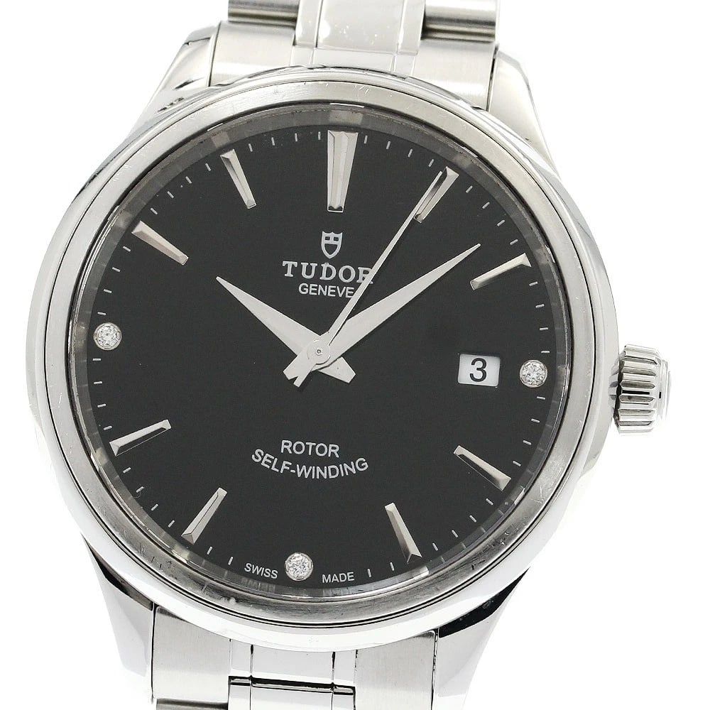 TUDOR STYLE DIAMOND BLACK AUTOMATIC WATCH: TUDOR style diamond black Automatic Watch Brand: TUDOR Type: Wristwatch Material: Band Material Stainless Steel, Case Material Stainless Steel Color: Band Color Silver, Dial Colorblack, Case