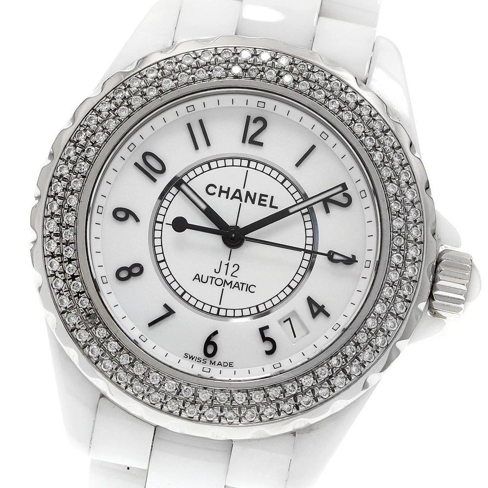 CHANEL J12 DIAMOND BEZEL WHITE CERAMIC DIAL AUTOMATIC: CHANEL J12 Diamond bezel white ceramic Dial Automatic Brand: CHANEL Type: Wristwatch Material: Band Material Stainless Steel / ceramic, Case Material Stainless Steel / ceramic Color: Band Color white,