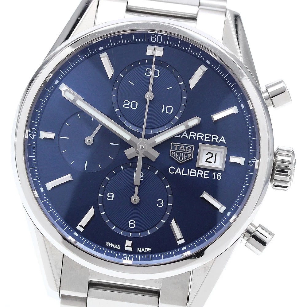TAG HEUER CARRERA CALIBRE CHRONOGRAPH WATCH: TAG HEUER Carrera Calibre Chronograph Watch Brand: TAG HEUER Type: Wristwatch Material: Band Material Stainless Steel, Case Material Stainless Steel Color: Band Color Silver, Dial ColorNavy, Case Colo