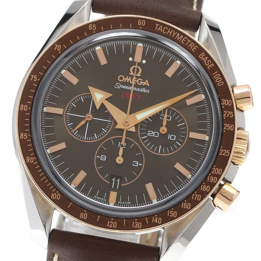OMEGA SPEEDMASTER BROAD ARROW AUTOMATIC WATCH: OMEGA Speedmaster Broad Arrow Automatic Watch Brand: OMEGA Type: Wristwatch Material: Band Material leather, Case Material Stainless Steel Color: Band Color Brown, Dial ColorBrown, Case ColorSilver / 