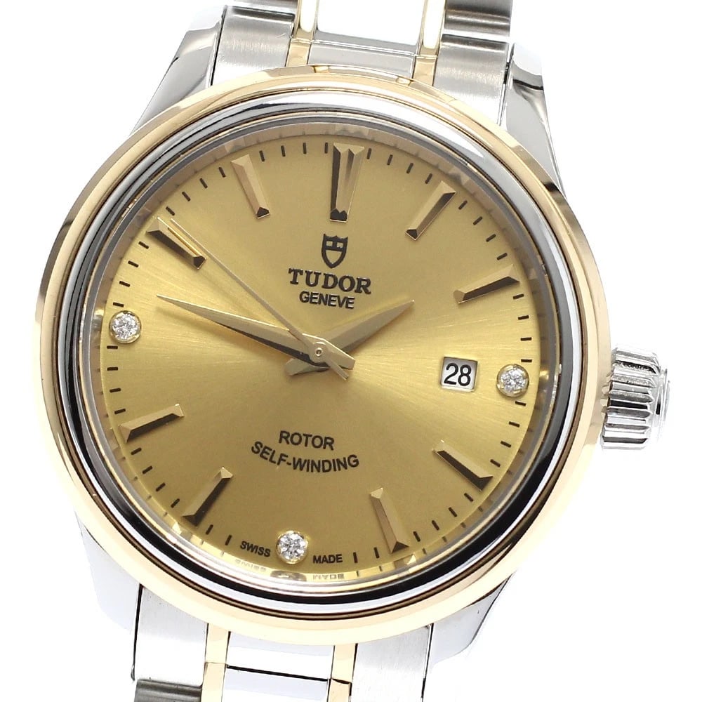 TUDOR STYLE DIAMOND YG GOLD AUTOMATIC WATCH: TUDOR style diamond YG gold Automatic Watch Brand: TUDOR Type: Wristwatch Material: Band Material Stainless Steel/YG, Case Material Stainless Steel/YG Color: Band Color Silver / Gold, Dial Colorgold, 
