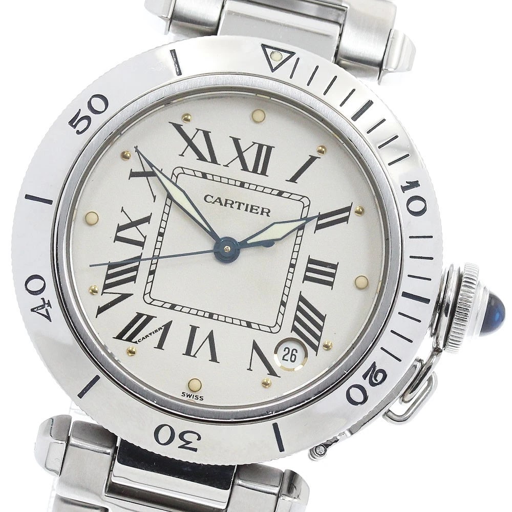 CARTIER PASHA DATE BEIGE AUTOMATIC WATCH: CARTIER Pasha Date beige Automatic Watch Brand: CARTIER Type: Wristwatch Material: Band Material Stainless Steel, Case Material Stainless Steel Color: Band Color Silver, Dial Colorbeige, Case