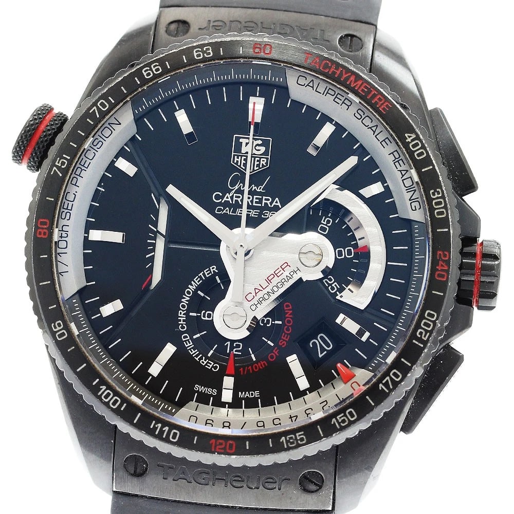 TAG HEUER GRAND CARRERA CALIBER CHRONOGRAPH AUTOMATIC: TAG HEUER Grand Carrera Caliber Chronograph Automatic Brand: TAG HEUER Type: Wristwatch Material: Band Material rubber, Case Material titanium Color: Band Color black, Dial Colorblack, Case Colorblack