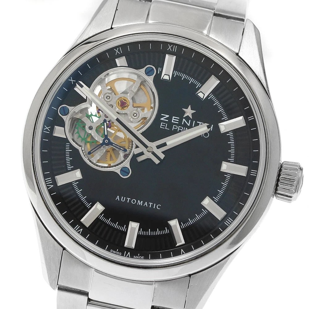 ZENITH EL PRIMERO AUTOMATIC WATCH: ZENITH El Primero Automatic Watch Brand: ZENITH Type: Wristwatch Material: Band Material Stainless Steel, Case Material Stainless Steel Color: Band Color Silver, Dial Colorblack, Case ColorSilver Size