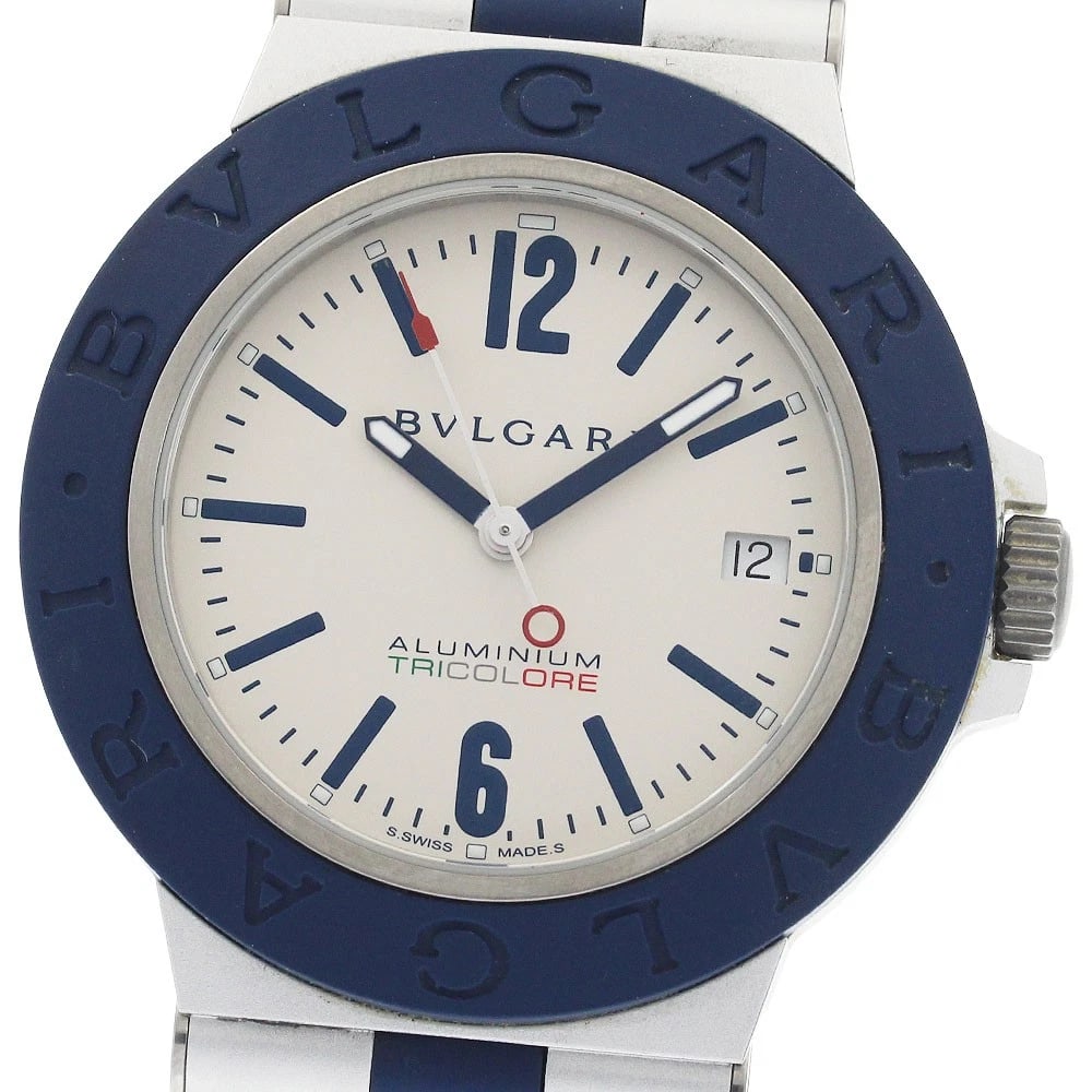 BVLGARI ALUMINUM AUTOMATIC: BVLGARI Aluminum Automatic Brand: BVLGARI Type: Wristwatch Material: Band Material Aluminum / rubber, Case Material Aluminum / rubber Color: Band Color blue, Dial ColorSilver, Case ColorSilver / Blue