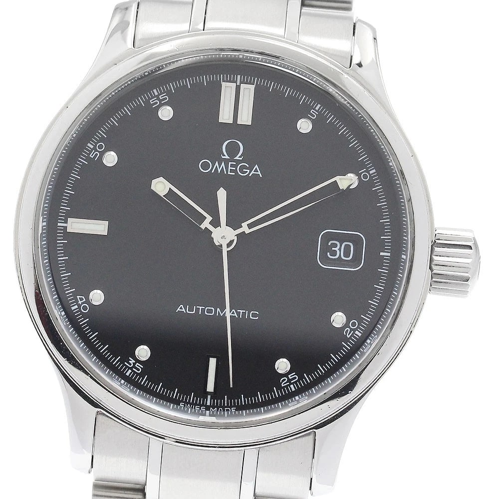 OMEGA CLASSIC DYNAMIC DATE BLACK AUTOMATIC WATCH: OMEGA Classic dynamic Date black Automatic Watch Brand: OMEGA Type: Wristwatch Material: Band Material Stainless Steel, Case Material Stainless Steel Color: Band Color Silver, Dial Colorblack, Case