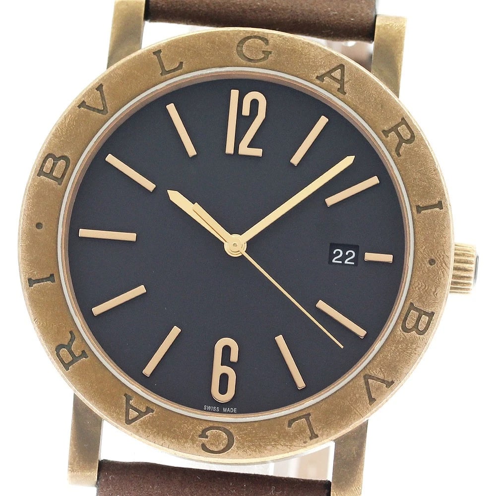 BVLGARI BLACK AUTOMATIC WATCH: BVLGARI Black Automatic Watch Brand: BVLGARI Type: Wristwatch Material: Band Material leather, Case Material Bronze / Titanium Color: Band Color Brown, Dial Colorblack, Case Colorbronze Size: Case