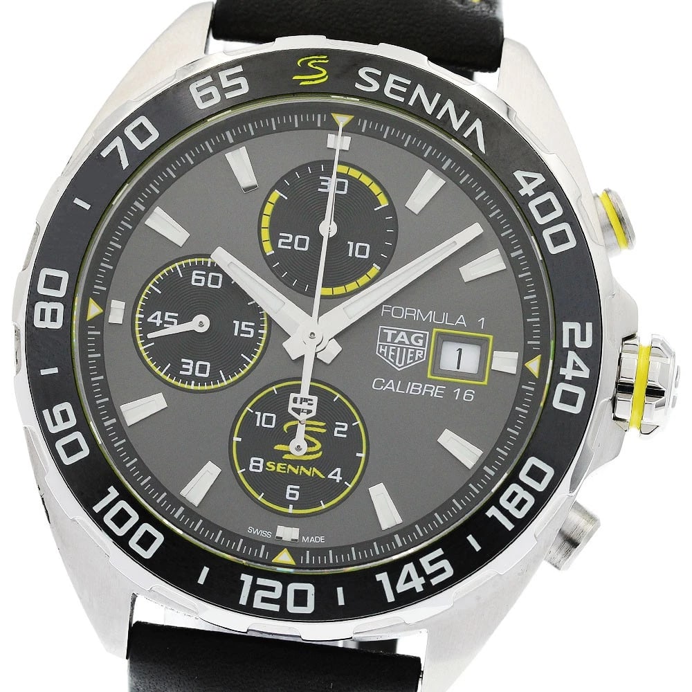 TAG HEUER BLACK WATCH: TAG HEUER black watch Brand: TAG HEUER Type: Wristwatch Material: Band Material leather, Case Material Stainless Steel Color: Band Color black, Dial ColorGray / black, Case ColorSilver Size: Case