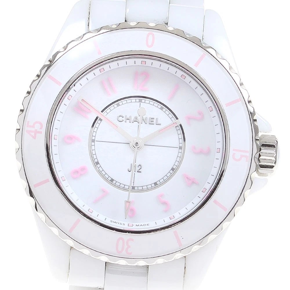 CHANEL J12 PINK BLUSH QUARTZ WATCH: CHANEL J12 Pink Blush Quartz Watch Brand: CHANEL Type: Wristwatch Material: Band Material Stainless Steel / ceramic, Case Material Stainless Steel / ceramic Color: Band Color White / Silver, Dial Colo