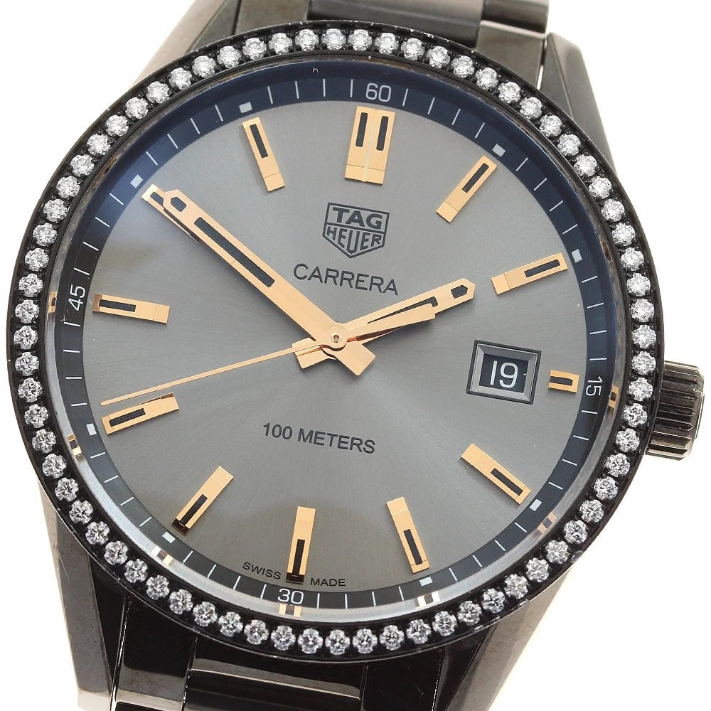 TAG HEUER CARRERA DIAMOND BEZEL DATE GRAY QUARTZ: TAG HEUER Carrera diamond bezel date Gray Quartz Brand: TAG HEUER Type: Wristwatch Material: Band Material leather, Case Material Stainless Steel Color: Band Color black, Dial Colorgray, Case Colorbla