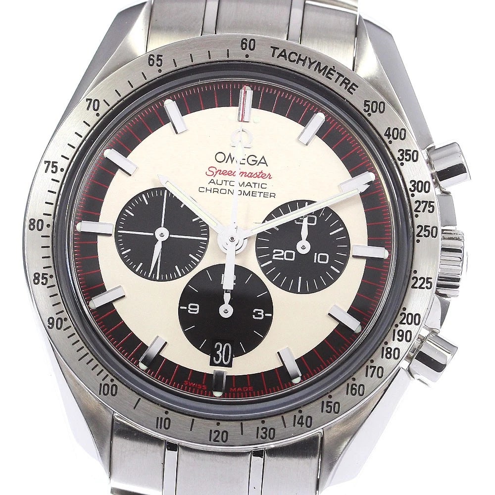 OMEGA SPEEDMASTER SCHUMACHER AUTOMATIC: OMEGA Speedmaster Schumacher Automatic Brand: OMEGA Type: Wristwatch Material: Band Material Stainless Steel, Case Material Stainless Steel Color: Band Color Silver, Dial ColorBeige / black, Case