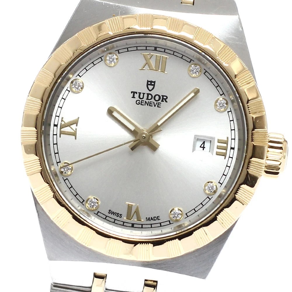TUDOR ROYAL DATE DIAMOND SILVER AUTOMATIC WATCH: TUDOR Royal Date diamond Silver Automatic Watch Brand: TUDOR Type: Wristwatch Material: Band Material Stainless Steel/YG, Case Material Stainless Steel/YG Color: Band Color Silver / Gold, Dial ColorSi