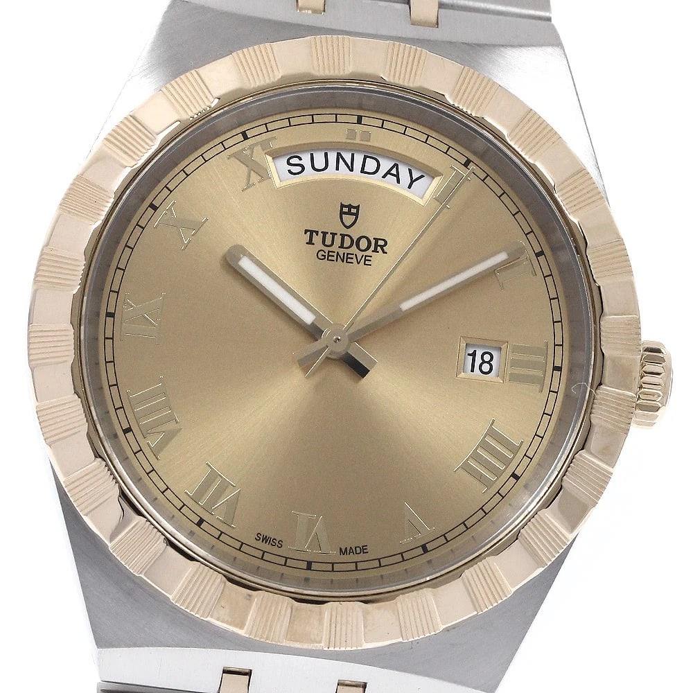 TUDOR ROYAL DATE YG GOLD AUTOMATIC WATCH: TUDOR Royal Date YG gold Automatic Watch Brand: TUDOR Type: Wristwatch Material: Band Material Stainless Steel/YG, Case Material Stainless Steel/YG Color: Band Color Silver / Gold, Dial Colorgold,