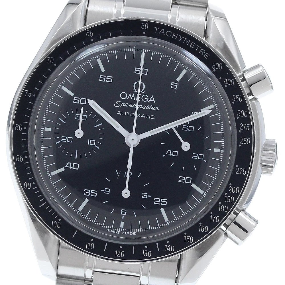 OMEGA SPEEDMASTER CHRONOGRAPH BLACK AUTOMATIC WATCH: OMEGA Speedmaster Chronograph Black Automatic Watch Brand: OMEGA Type: Wristwatch Material: Band Material Stainless Steel, Case Material Stainless Steel Color: Band Color Silver, Dial Colorblack,