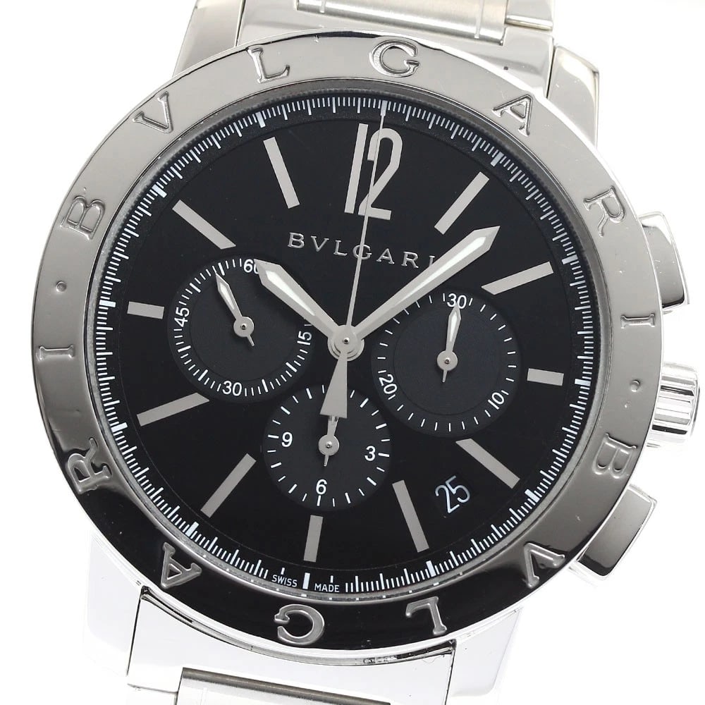 BVLGARI DATE CHRONOGRAPH AUTOMATIC WATCH: BVLGARI Date Chronograph Automatic Watch Brand: BVLGARI Type: Wristwatch Material: Band Material Stainless Steel, Case Material Stainless Steel Color: Band Color Silver, Dial Colorblack, Case
