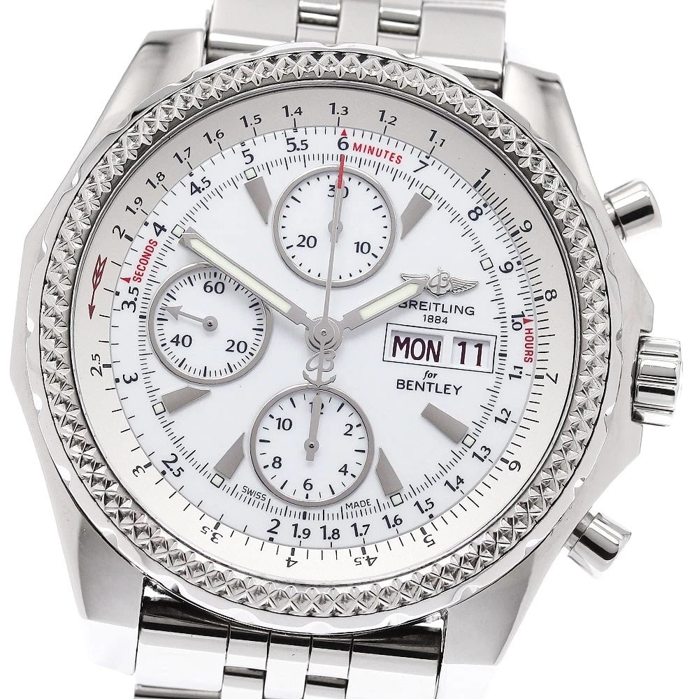 BREITLING BENTLEY WHITE AUTOMATIC: BREITLING Bentley White Automatic Brand: BREITLING Type: Wristwatch Material: Band Material Stainless Steel, Case Material Stainless Steel Color: Band Color Silver, Dial Colorwhite, Case ColorSilver