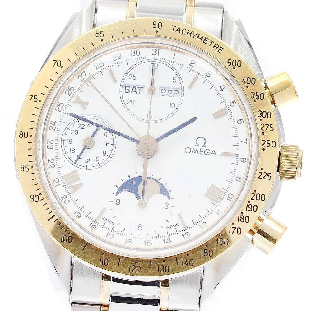 OMEGA SPEEDMASTER MOON PHASE AUTOMATIC: OMEGA Speedmaster moon phase Automatic Brand: OMEGA Type: Wristwatch Material: Band Material Stainless Steel/YG, Case Material Stainless Steel/YG Color: Band Color Silver / Gold, Dial Colorwhite, Case