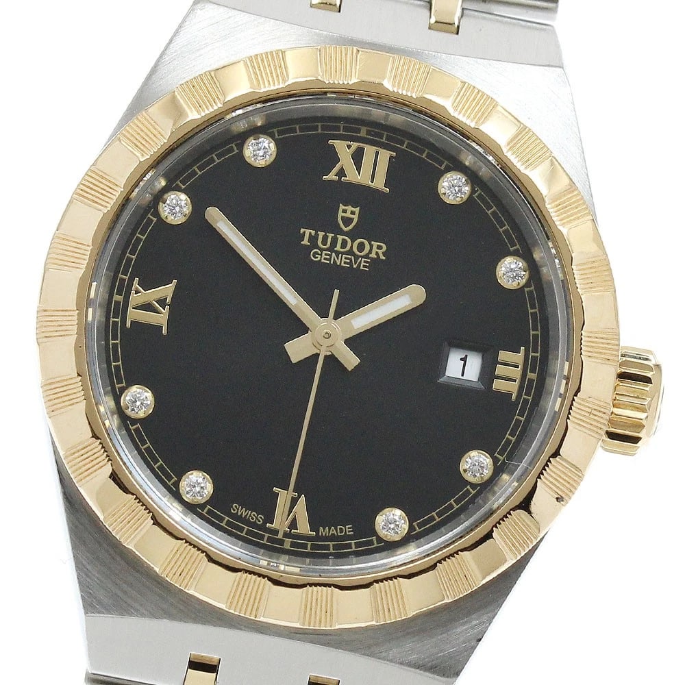 TUDOR ROYAL DATE DIAMOND BLACK AUTOMATIC WATCH: TUDOR Royal Date diamond black Automatic Watch Brand: TUDOR Type: Wristwatch Material: Band Material Stainless Steel/YG, Case Material Stainless Steel/YG Color: Band Color Silver / Gold, Dial Colorbla