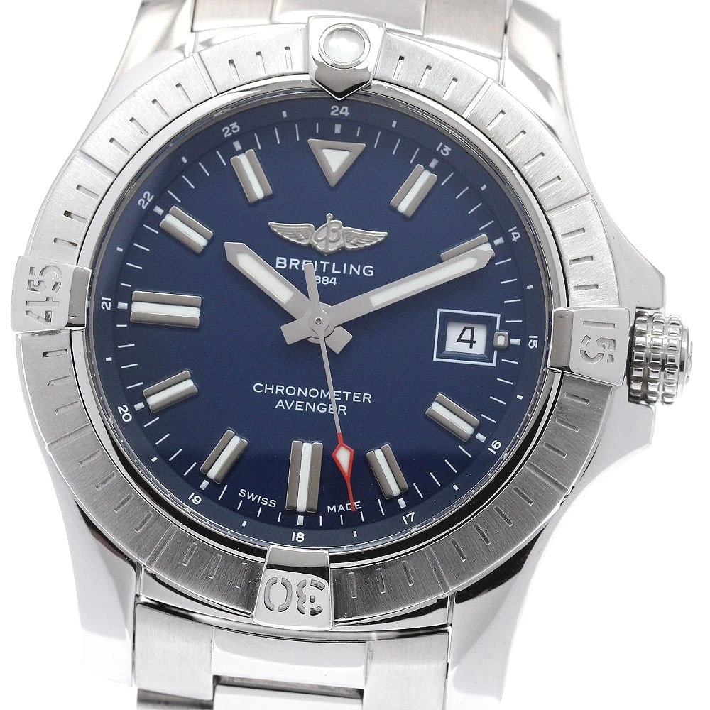 BREITLING AVENGER AUTOMATIC NAVY AUTOMATIC WATCH: BREITLING Avenger Automatic Navy Automatic Watch Brand: BREITLING Type: Wristwatch Material: Band Material Stainless Steel, Case Material Stainless Steel Color: Band Color Silver, Dial ColorNavy, Case