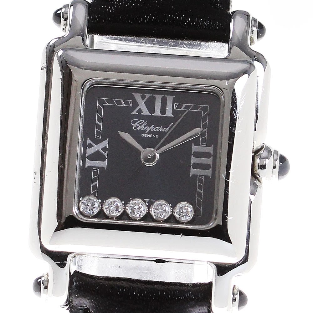 CHOPARD HAPPY SPORTS DIAMOND QUARTZ WATCH: Chopard Happy sports Diamond Quartz Watch Brand: Chopard Type: Wristwatch Material: Band Material leather, Case Material Stainless Steel Color: Band Color black, Dial Colorblack, Case ColorSilver