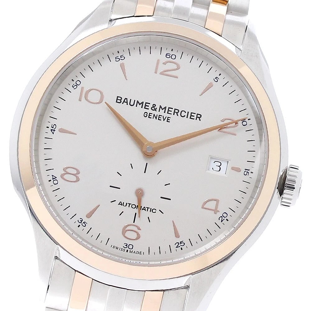 BAUME & MERCIER SILVER AUTOMATIC WATCH: Baume & Mercier Silver Automatic Watch Brand: Baume & Mercier Type: Wristwatch Material: Band Material Stainless Steel/Gold Plated, Case Material Stainless Steel/PG Color: Band Color Silver / Pink Gol