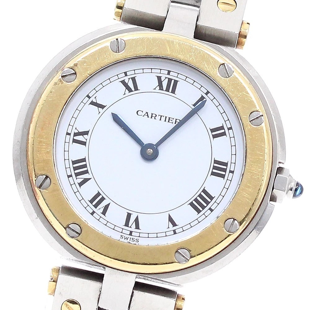 CARTIER SANTOS ROUND WHITE QUARTZ WATCH: CARTIER Santos Round white Quartz Watch Brand: CARTIER Type: Wristwatch Material: Band Material Stainless Steel/YG, Case Material Stainless Steel/YG Color: Band Color Silver / Gold, Dial Colorwhite,
