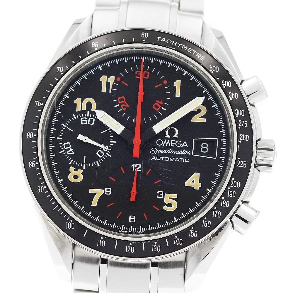 OMEGA SPEEDMASTER CHRONOGRAPH BLACK AUTO WATCH: OMEGA Speedmaster Chronograph black Auto Watch Brand: OMEGA Type: Wristwatch Material: Band Material Stainless Steel, Case Material Stainless Steel Color: Band Color Silver, Dial Colorblack, Case Colo