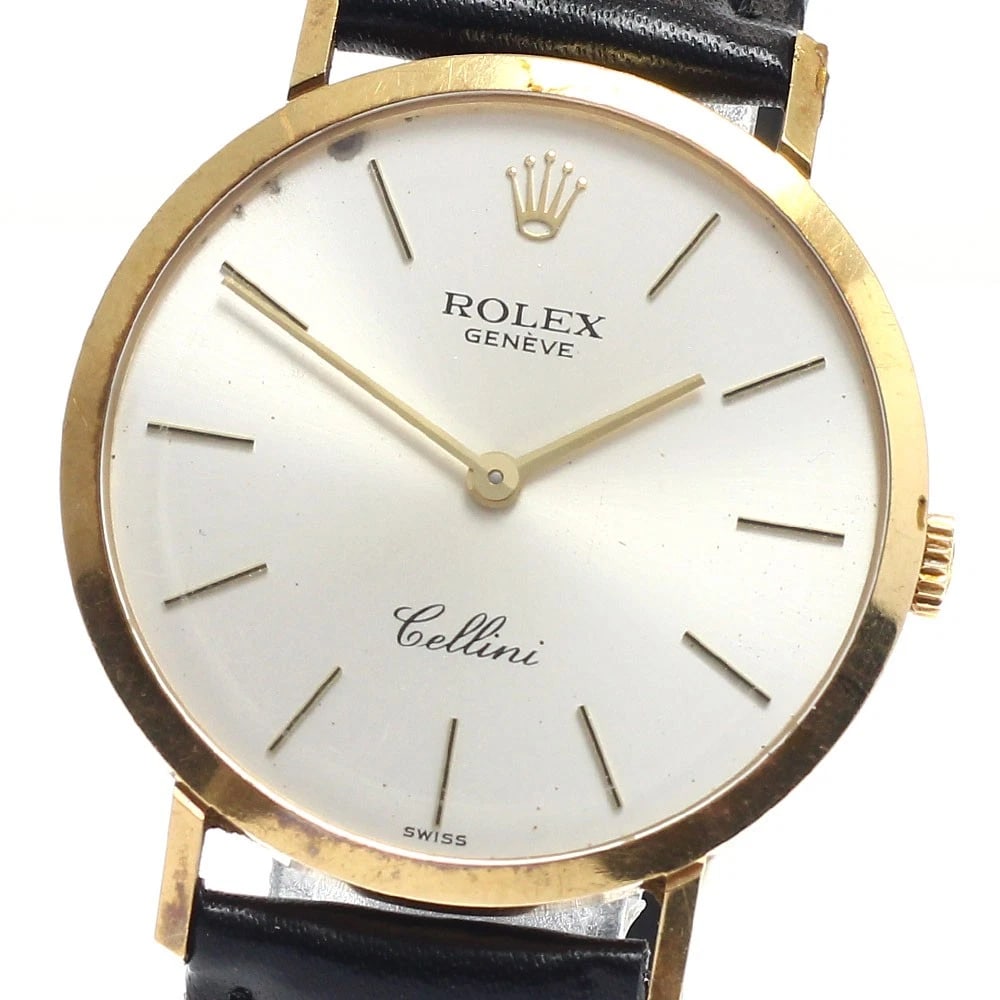 ROLEX CELLINI K18YG SILVER WATCH: ROLEX Cellini K18YG Silver Watch Brand: ROLEX Type: Wristwatch Material: Band Material leather, Case Material 18K Yellow Gold Color: Band Color black, Dial ColorSilver, Case Colorgold Size: Case Size 