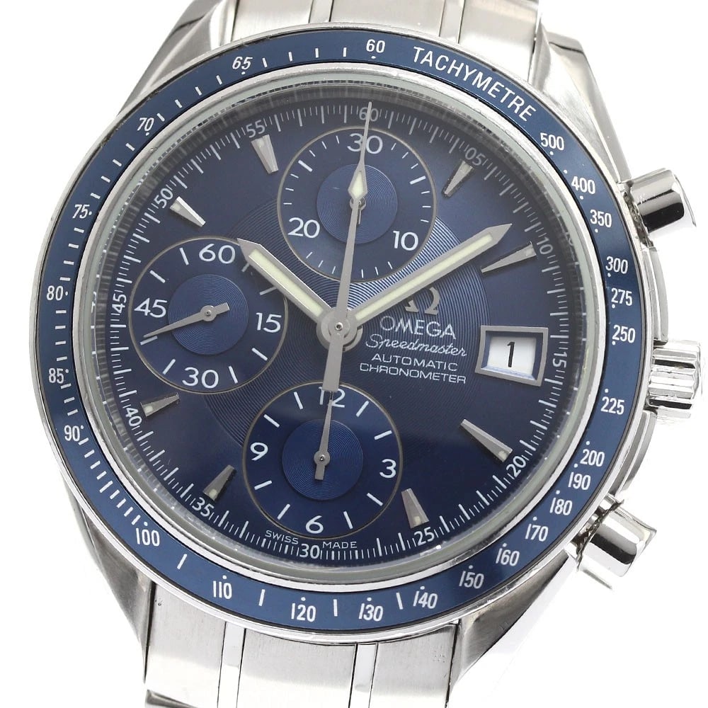 OMEGA SPEEDMASTER DATE CHRONOGRAPH BLUE AUTOMATIC: OMEGA Speedmaster Date Chronograph blue Automatic Brand: OMEGA Type: Wristwatch Material: Band Material Stainless Steel, Case Material Stainless Steel Color: Band Color Silver, Dial Colorblue, Case Co