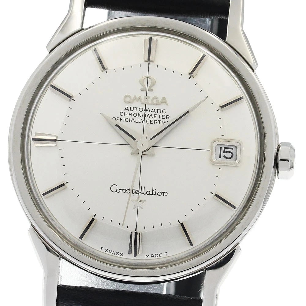 OMEGA CONSTELLATION SILVER AUTOMATIC: OMEGA Constellation Silver Automatic Brand: OMEGA Type: Wristwatch Material: Band Material leather, Case Material Stainless Steel Color: Band Color black, Dial ColorSilver, Case ColorSilver Size: Case