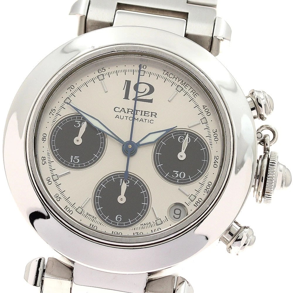CARTIER PASHA CHRONOGRAPH AUTOMATIC WATCH: CARTIER Pasha Chronograph Automatic Watch Brand: CARTIER Type: Wristwatch Material: Band Material Stainless Steel, Case Material Stainless Steel Color: Band Color Silver, Dial ColorSilver / Black,