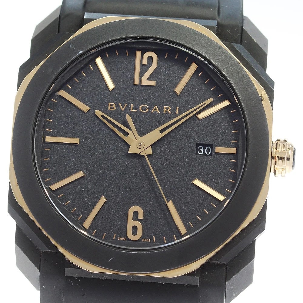 BVLGARI OCTO DATE BLACK AUTOMATIC WATCH: BVLGARI Octo Date black Automatic Watch Brand: BVLGARI Type: Wristwatch Material: Band Material rubber, Case Material Stainless Steel/K18PG Color: Band Color black, Dial Colorblack, Case ColorBlack /