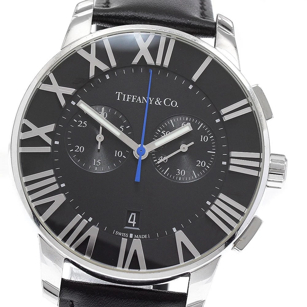 TIFFANY&CO. ATLAS DOME CHRONOGRAPH BLACK QUARTZ WATCH: TIFFANY&Co. Atlas Dome Chronograph black Quartz Watch Brand: TIFFANY&Co. Type: Wristwatch Material: Band Material leather, Case Material Stainless Steel Color: Band Color black, Dial Colorblack, Case