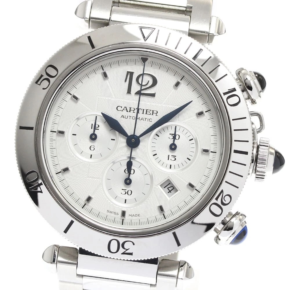 CARTIER PASHA CHRONOGRAPH AUTOMATIC WATCH: CARTIER Pasha Chronograph Automatic Watch Brand: CARTIER Type: Wristwatch Material: Band Material Stainless Steel, Case Material Stainless Steel Color: Band Color Silver, Dial ColorSilver, Case