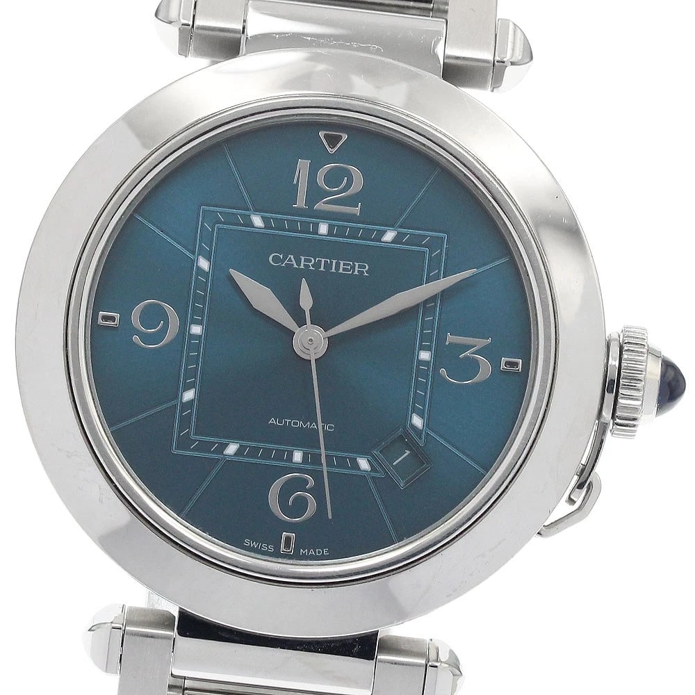 CARTIER PASHA DATE AUTOMATIC WATCH: CARTIER Pasha Date Automatic Watch Brand: CARTIER Type: Wristwatch Material: Band Material Stainless Steel, Case Material Stainless Steel Color: Band Color Silver, Dial Colorblue, Case ColorSilver Siz