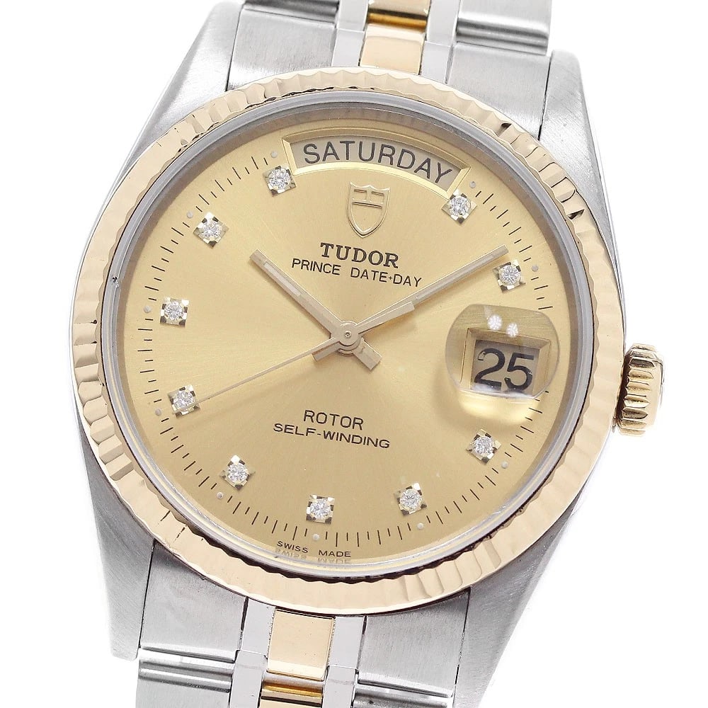 TUDOR PRINCE DATE YG DIAMOND AUTOMATIC WATCH: TUDOR Prince Date YG diamond Automatic Watch Brand: TUDOR Type: Wristwatch Material: Band Material Stainless Steel/YG, Case Material Stainless Steel/YG Color: Band Color Gold / Silver, Dial Colorgold,