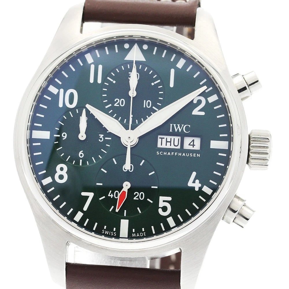 IWC SCHAFFHAUSEN PILOT'S CHRONOGRAPH AUTOMATIC WATCH: IWC SCHAFFHAUSEN Pilot's Chronograph Automatic Watch Brand: IWC SCHAFFHAUSEN Type: Wristwatch Material: Band Material leather, Case Material Stainless Steel Color: Band Color Dark brown, Dial Colorgre