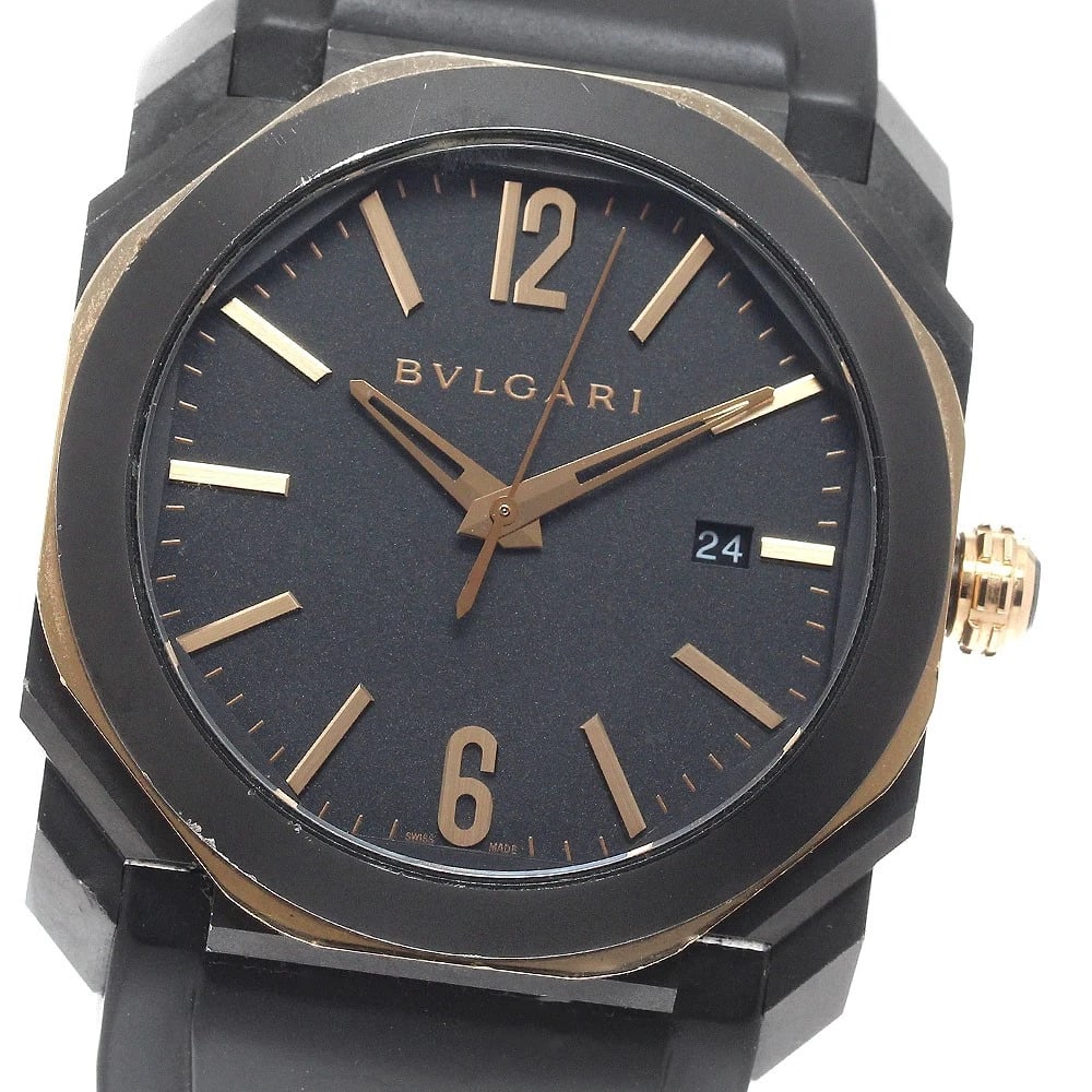 BVLGARI OCTO DATE BLACK AUTOMATIC WATCH: BVLGARI Octo Date black Automatic Watch Brand: BVLGARI Type: Wristwatch Material: Band Material rubber, Case Material Stainless Steel/K18PG Color: Band Color black, Dial Colorblack, Case ColorBlack /