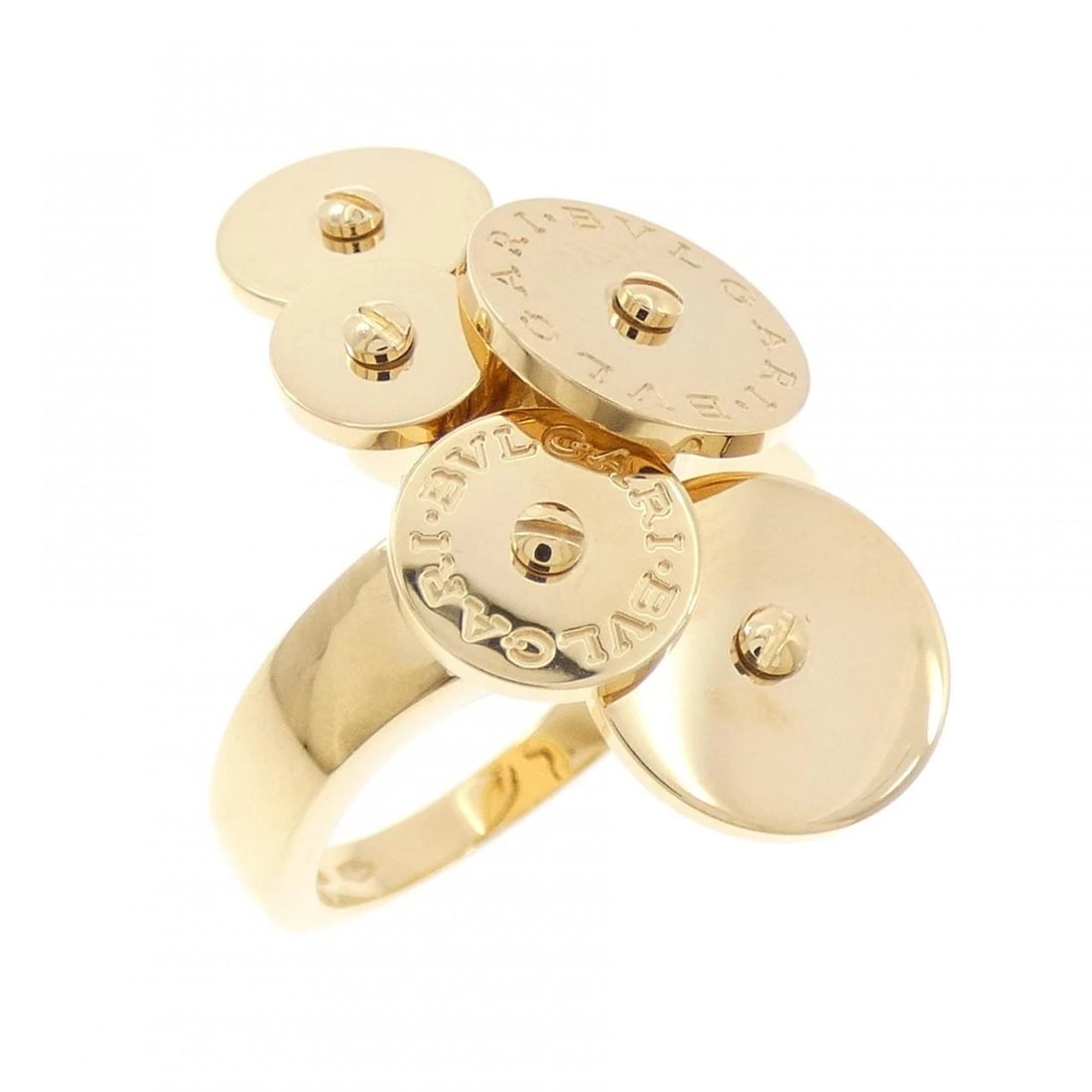 BVLGARI CYCLADI 5-DISC RING: Bvlgari Cycladi 5-Disc Ring Brand: BVLGARI Type: Ring Material: 750 yellow gold, Color: Yellow Gold Size: US 5 3/4 Accessories: None Accessories Notice: When purchasing pre-owned goods, please refer