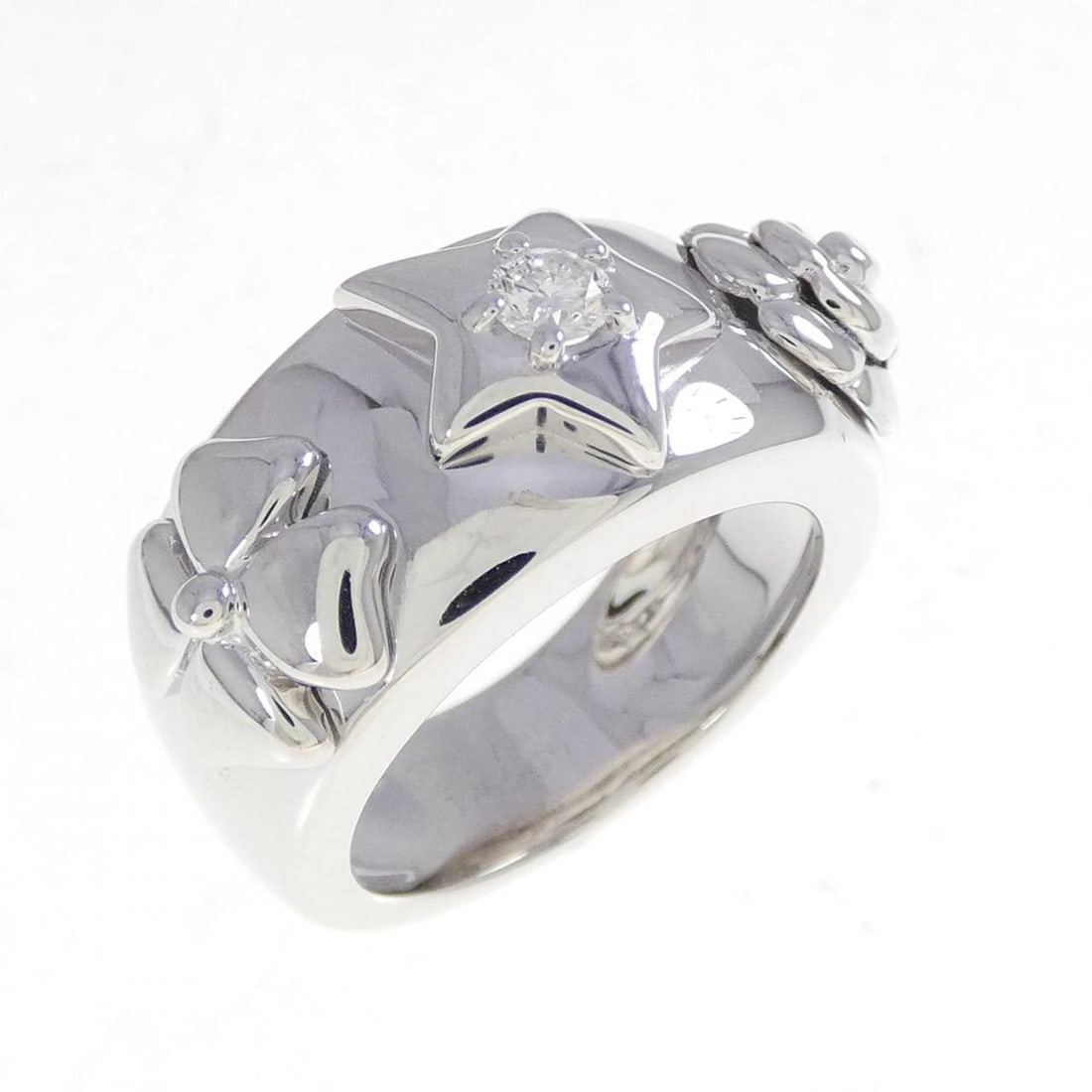 CHANEL THREE SYMBOLS RING: Chanel Three Symbols Ring Brand: CHANEL Type: ring Material: 750 white gold, Main Stone/Creation Natural Color: white gold Size: US 5 Accessories: None Accessories Notice: When purchasing pre-owned