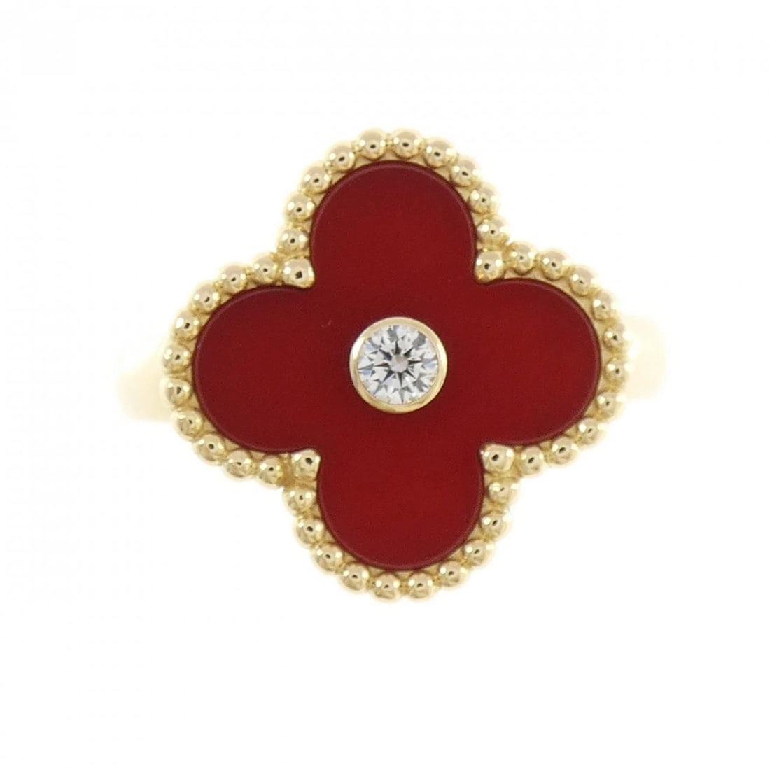 VAN CLEEF & ARPELS ALHAMBRA RING: Van Cleef & Arpels Alhambra Ring Brand: Van Cleef & Arpels Type: Ring Material: 750 yellow gold, Main Stone/Creation Carnelian Secondary Stone Natural Color: yellow gold Size: US 6 1/2 Accessories