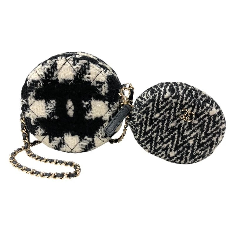 CHANEL ROUND CHAIN CLUTCH BAG SHOULDER BAG: CHANEL Round Chain Clutch Bag Shoulder Bag Brand: CHANEL Type: Shoulder Bag Material: Tweed / Leather Color: Black White Size: W13cm x H13cmx D6.5cm W5.1 x H5.1x D2.6inch Accessories: None