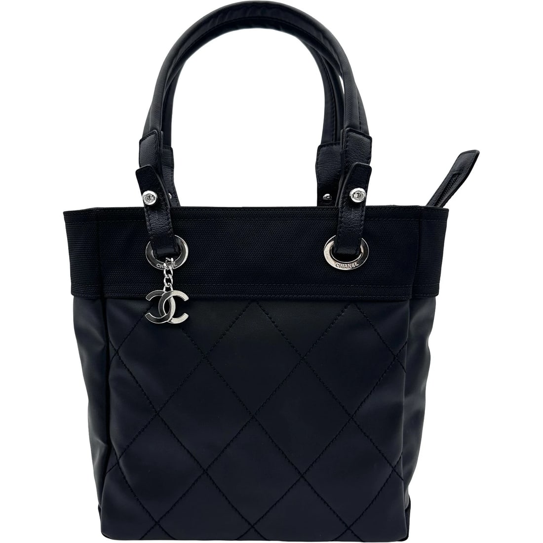 CHANEL PARIS BIARRITZ TOTE PM TOTE BAG: CHANEL Paris Biarritz Tote PM Tote Bag Brand: CHANEL Type: Tote Bag Material: Coated canvas Color: Black SilverHardware Size: W26cm x H27cmx D11cm W10.2 x H10.6x D4.3inch Accessories: None