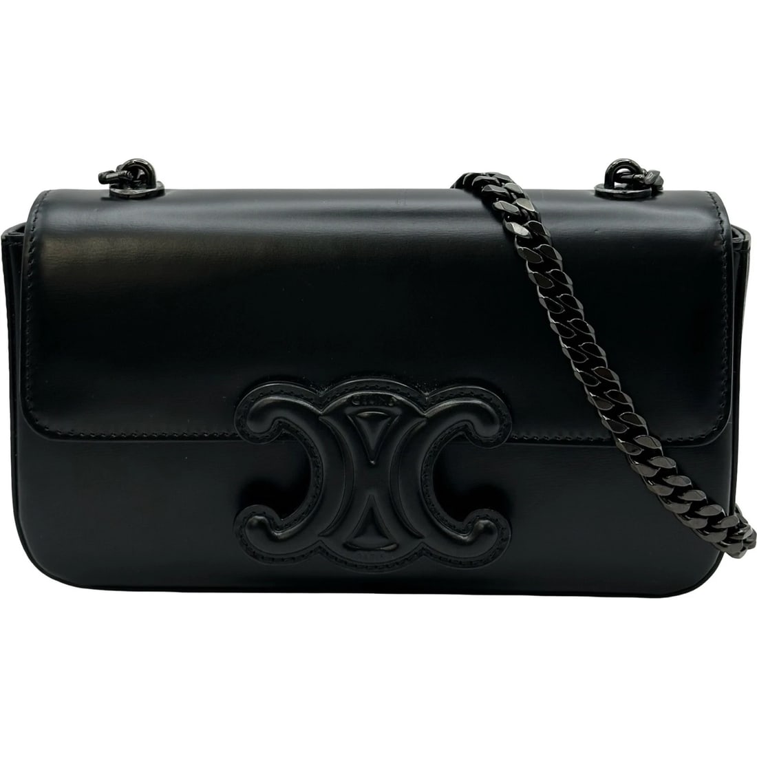CELINE TRIOMPHE CHAIN SHOULDER BAG: CELINE Triomphe Chain Shoulder Bag Brand: CELINE Type: Shoulder Bag Material: Shiny calfskin Color: Black Black Hardware Size: W20.5cm x H12cmx D4cm W8.1 x H4.7x D1.6inch Accessories: None