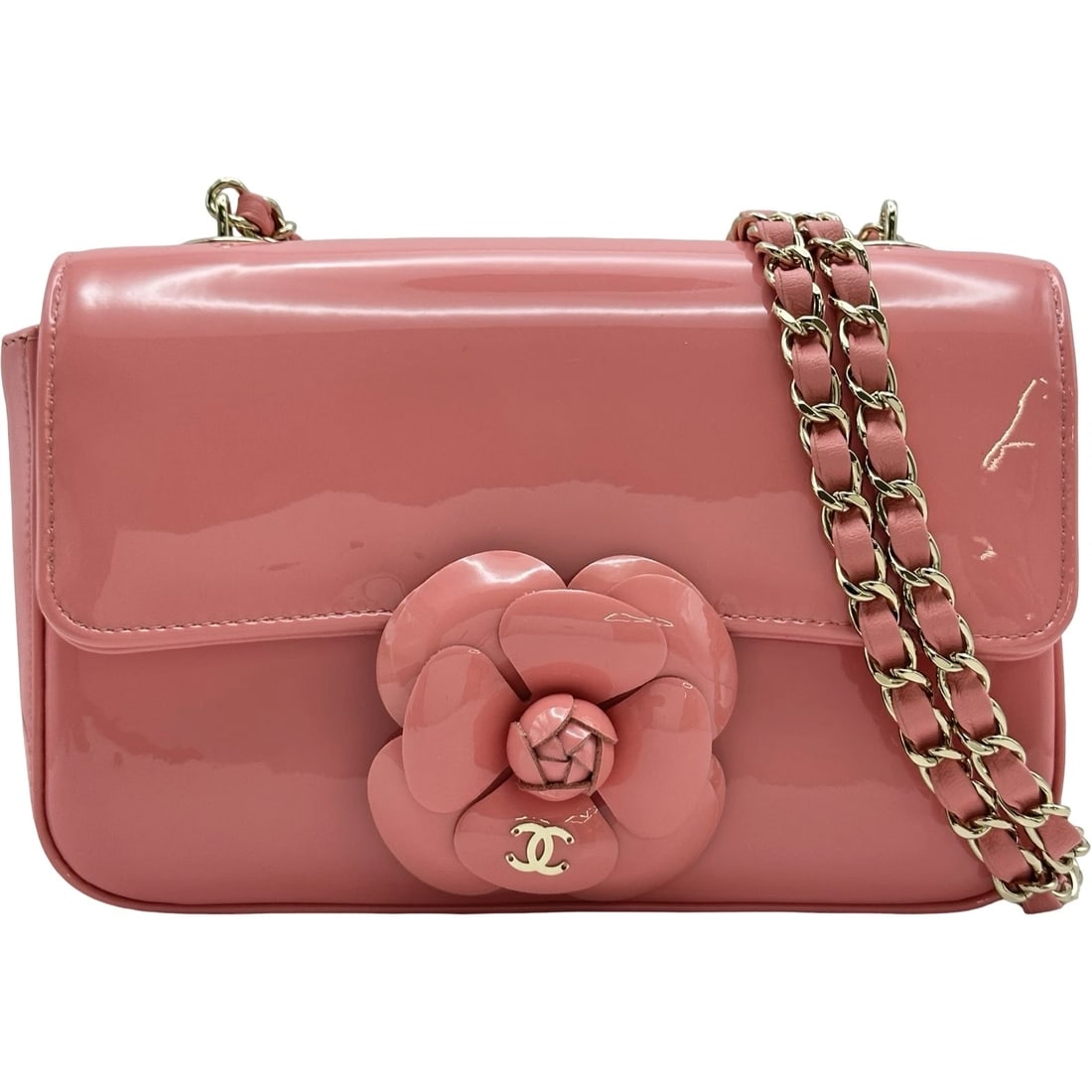CHANEL CAMELLIA MINI MATELASSÉ SHOULDER BAG: CHANEL Camellia Mini Matelassé Shoulder Bag Brand: CHANEL Type: Shoulder Bag Material: patent Color: Gold Hardware Size: W20cm x H13cmx D6.5cm W7.9 x H5.1x D2.6inch Accessories: None Acces