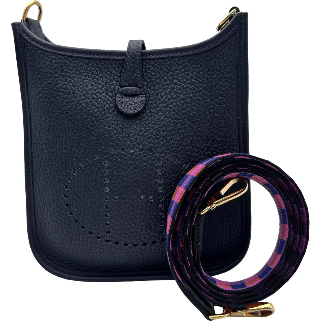 HERMES EVELYN TPM CADRILLE SHOULDER BAG: HERMES Evelyn TPM Cadrille Shoulder Bag Brand: HERMES Type: Shoulder Bag Material: Taurillon Clemence Color: Blue Nui Gold Hardware Size: W16cm x H18cmx D5cmW6.3 x H7.1x D2.0inch Accessories: None
