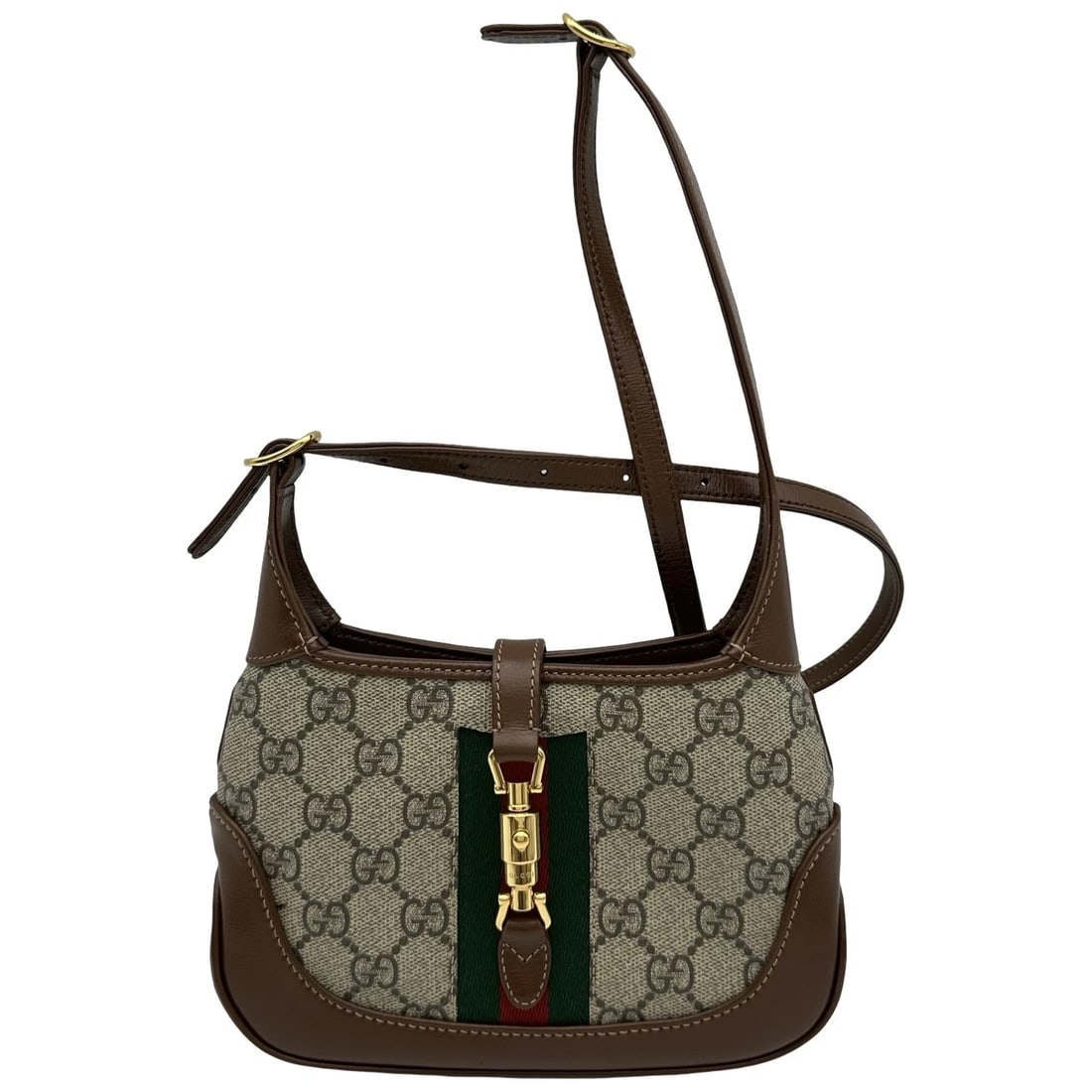 GUCCI JACKIE SHOULDER BAG: GUCCI Jackie Shoulder Bag Brand: GUCCI Type: Shoulder Bag Material: GG Supreme Canvas Color: Brown Gold Hardware Size: W19cm x H13cmx D3cmW7.5 x H5.1x D1.2inch Accessories: None Accessorie